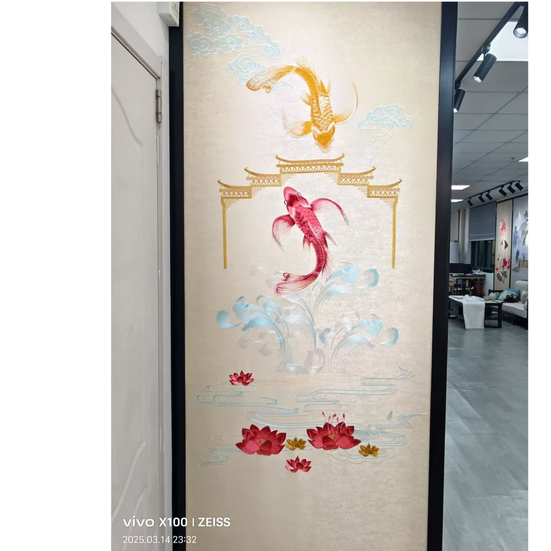 现代中式风格刺绣独秀墙布鱼跃龙门适用于玄关背景墙尺寸可定制
