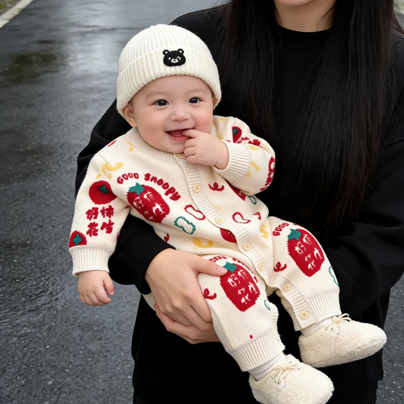 2026好柿花生极简风女宝单排扣通用长袖女童加厚爬服宝宝洋气哈衣