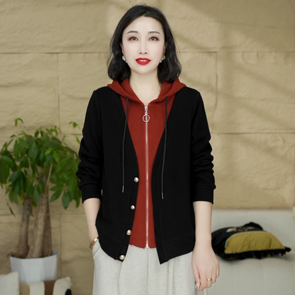 秋季新款加厚时尚减龄连帽拉链假两件开衫卫衣遮肉显瘦百搭上衣