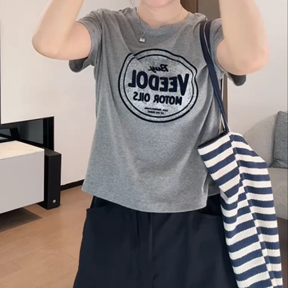 欧货字母印花圆领套头宽松显瘦百搭上衣女2025年夏季新款短袖t恤