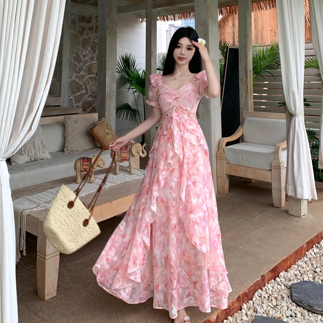 好看8595仲夏甜 印花雪纺下摆荷叶边度假风连衣裙长裙旅游浪漫