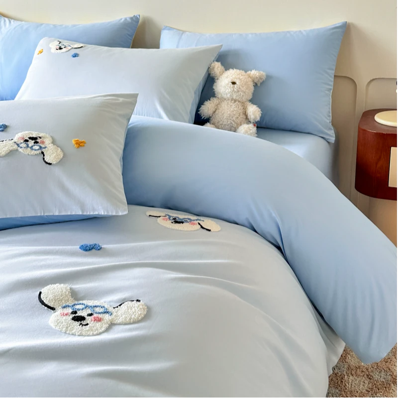 卡通风清新狗毛巾绣家用床上四件套纯棉100%全棉被套床单四季通用