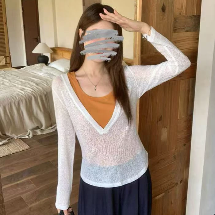 早秋新品纯欲风V领正肩显瘦长袖T恤背心两件套