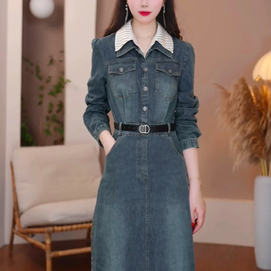 汉派鑫源服饰【新款-819】新款秋季时尚百搭显瘦牛仔蓝长袖连衣裙