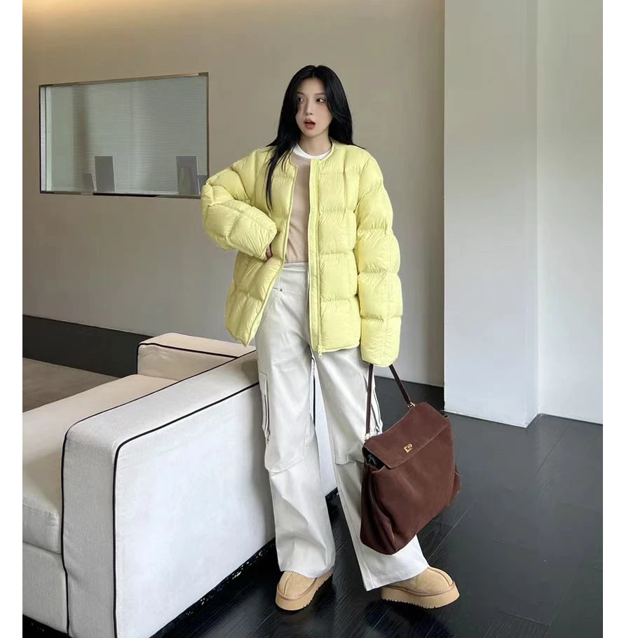 黄色云朵泡芙方块感龟背羽绒服冬季新款圆领百搭保暖羽绒服外套