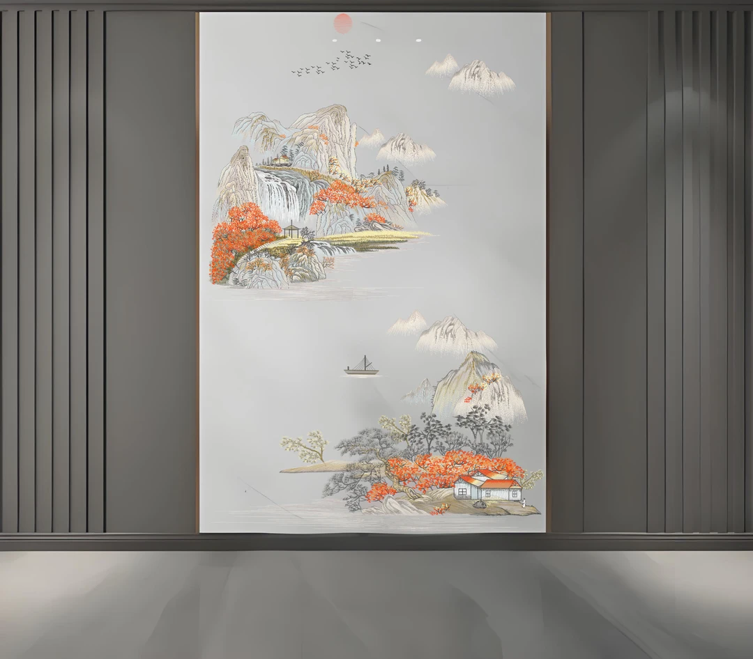 小玄关江南云峰E8高端玄关客厅中式独绣刺绣背景