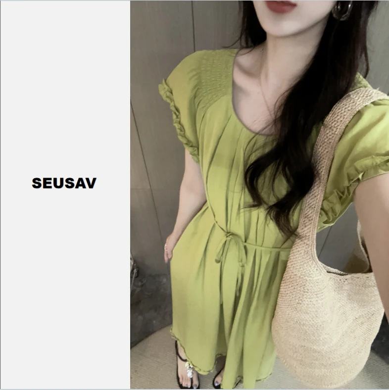 【笙箫家】莱赛尔花边果绿连衣裙显瘦遮肉气质夏日新款