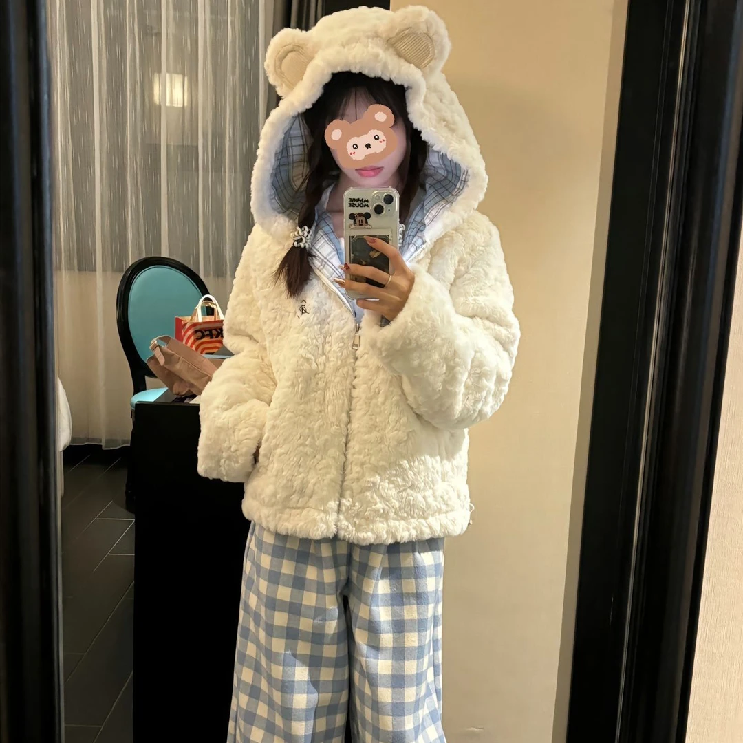 韩式秋冬新款可爱毛绒绒兔毛外套女高级感小个子宽松百搭短款上衣