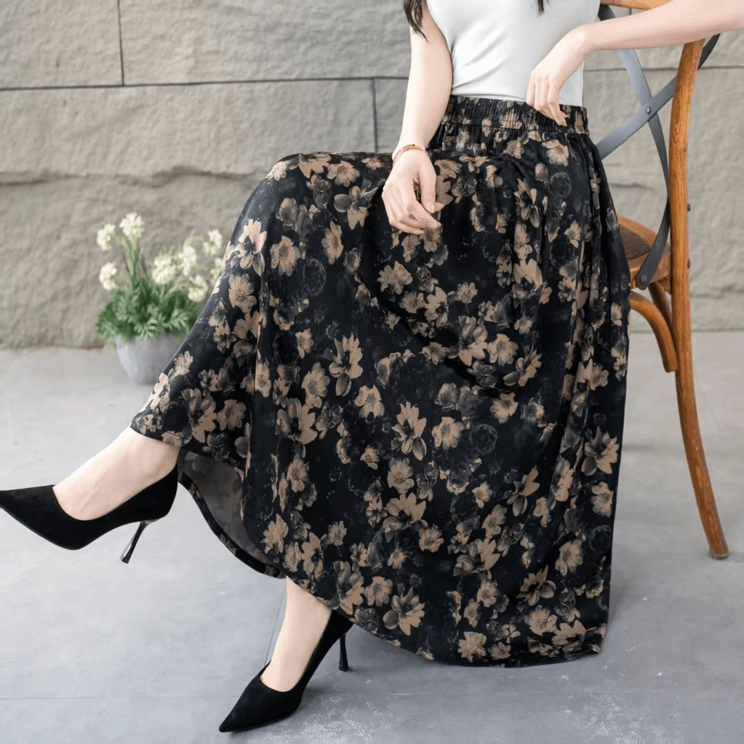 春夏新款松紧腰显瘦百搭珍珠缎面半身裙长裙高腰A字中长款女裙子