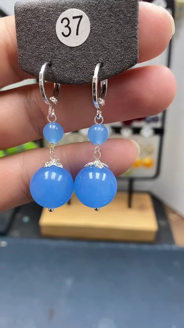 银S925镶嵌耳坠海蓝宝石尺寸14mm连珠耳扣