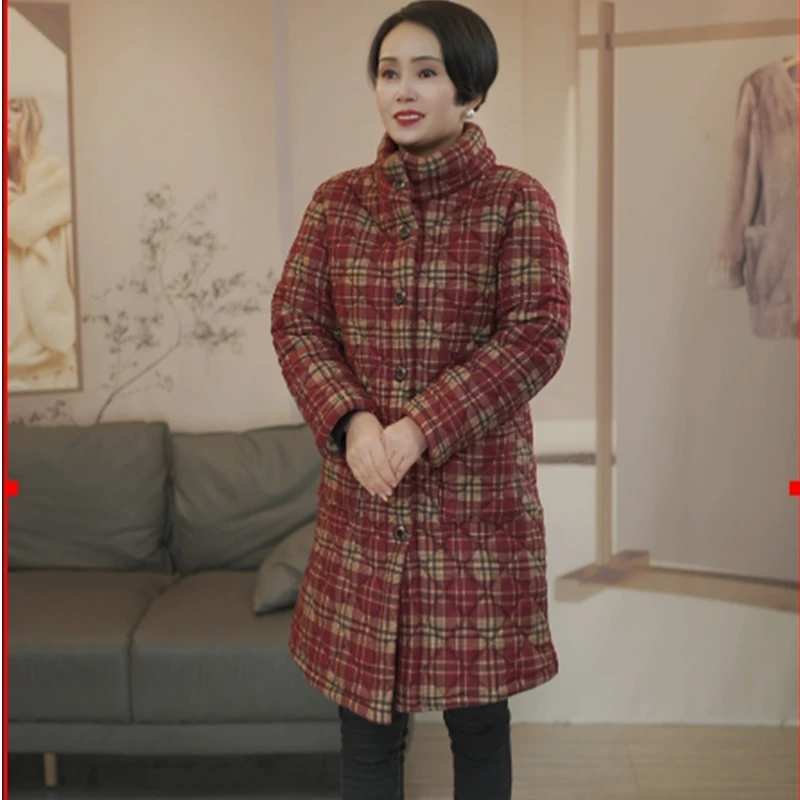 冬季加绒棉衣加厚保暖外套中长款立领文艺格子中老年女装风衣格纹