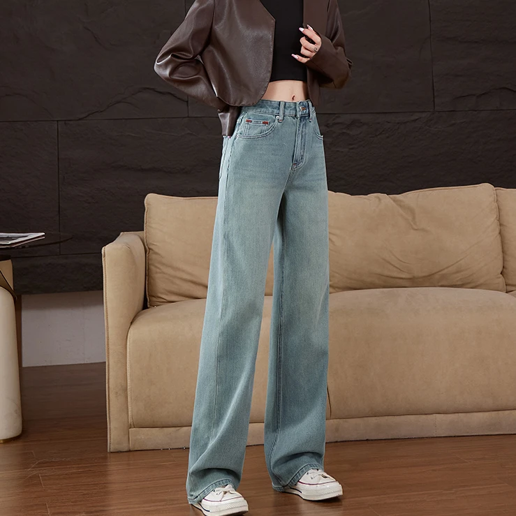 浅绿色高腰窄版阔腿牛仔裤女2025年春季新款复古宽松小个子直筒裤