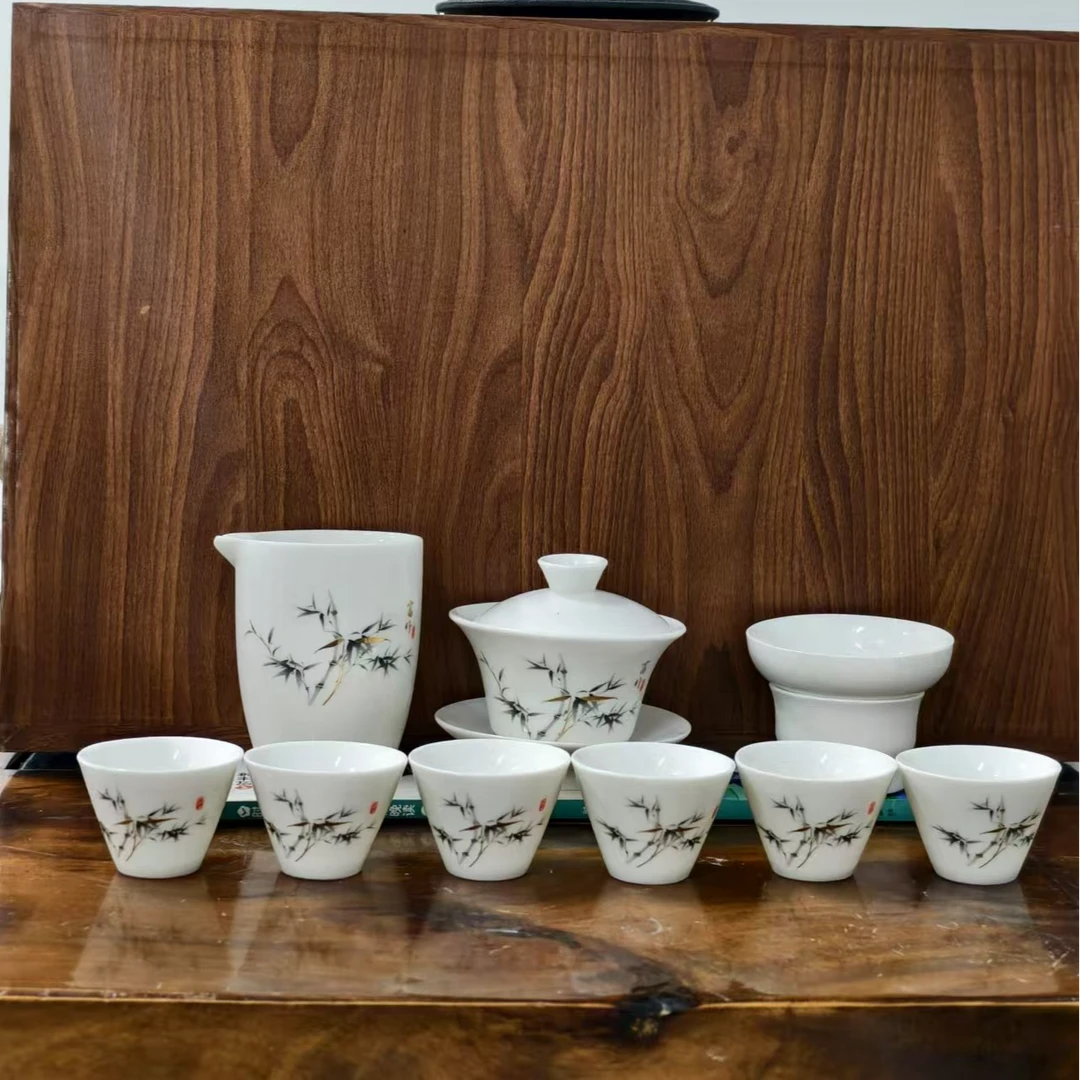 茶具套装羊脂玉陶三才盖碗十件套功夫茶具悬停130毫升马蹄形盖碗