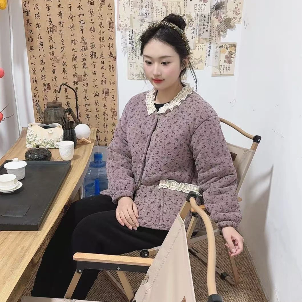 冬款碎花三层加厚夹棉圆领花边可外穿女家居服套装保暖休闲甜美风
