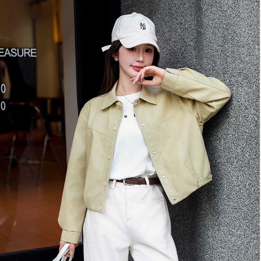 小个子女款韩版翻领水洗PU皮衣女短款机车新款百搭夹克外套66252