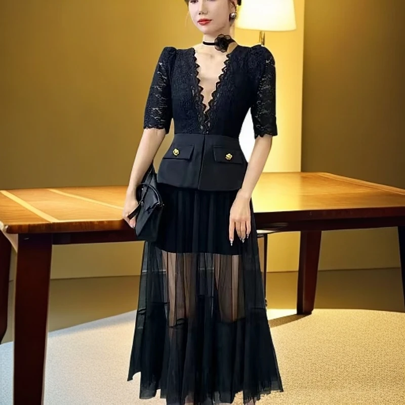 2025夏季新款时尚气质高级感优雅蕾丝拼接网纱连衣裙高腰显瘦长裙