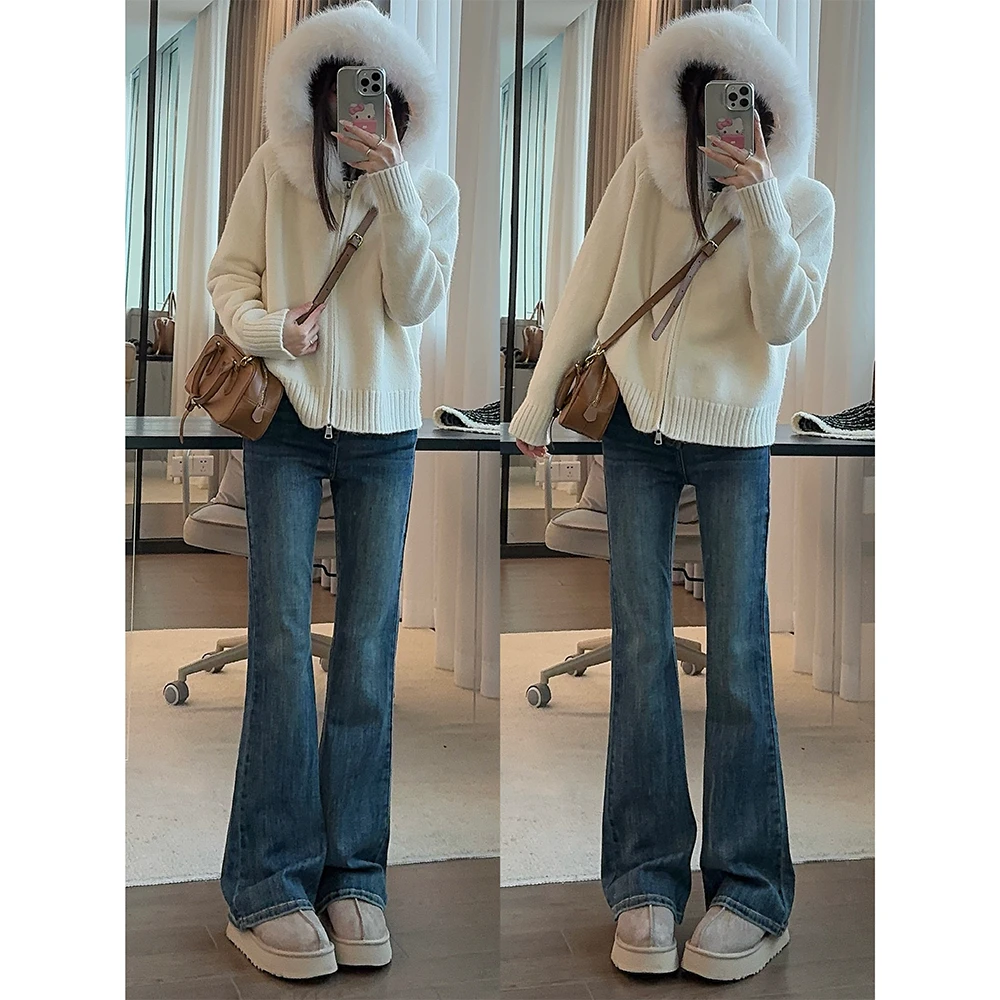 牛仔裤高腰蓝色微喇裤欧若风宽松显瘦83009