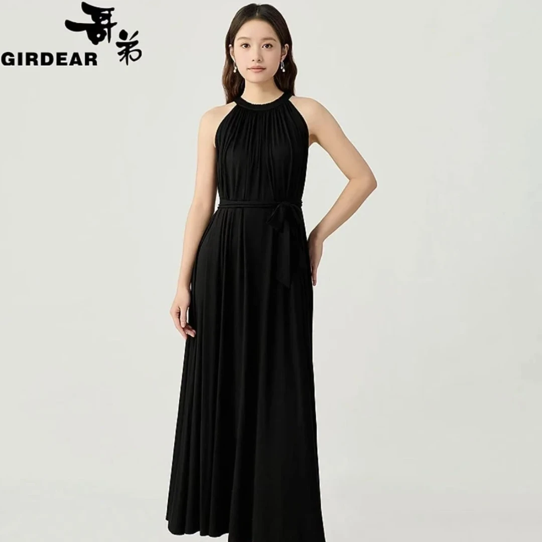 哥弟品质女装新款简约优雅气质礼服感削肩吊带长款连衣裙150010