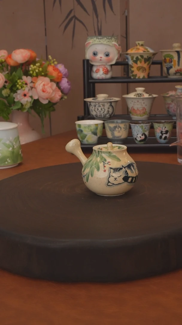 十三系列 猫咪侧把壶 带开片