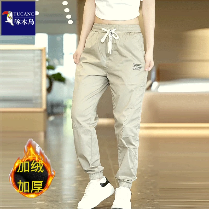 啄木鸟2025秋冬男士束脚运动裤潮流印花弹力百搭加绒哈伦9分裤子