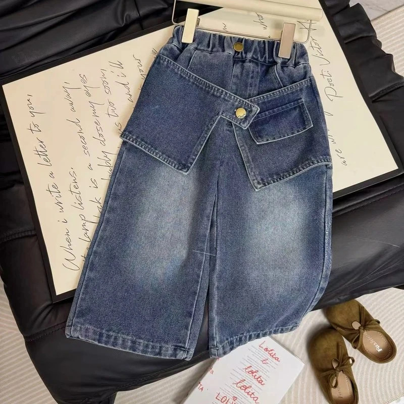 韩版儿童牛仔阔腿裤秋季百搭假两件屁帘直筒牛仔裤宽松休闲童装