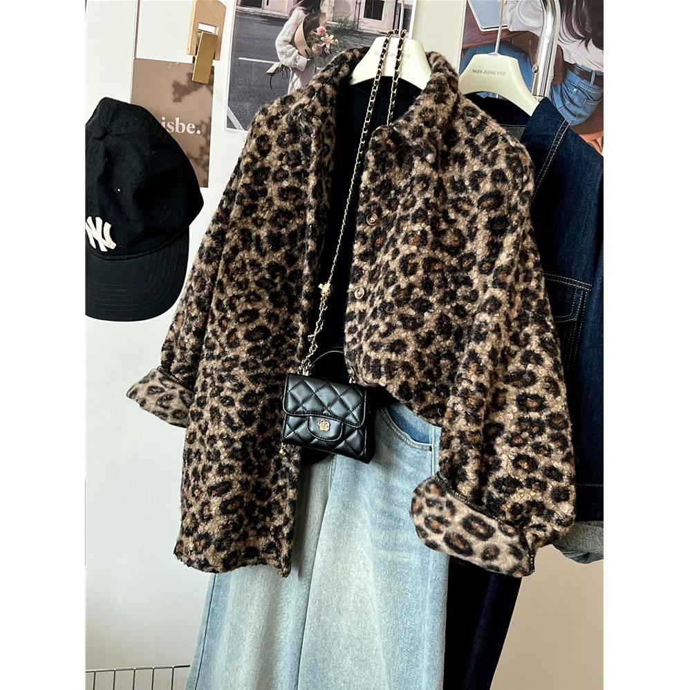 美式复古豹纹毛绒女早秋慵懒风宽松气质中长款外套翻领加厚衬衫