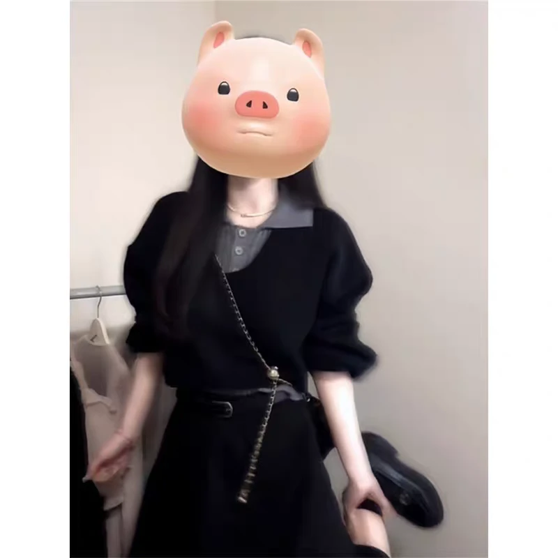 【莹莹推荐】学院风黑色短款Polo领毛衣女秋冬季复古背心上衣两件套