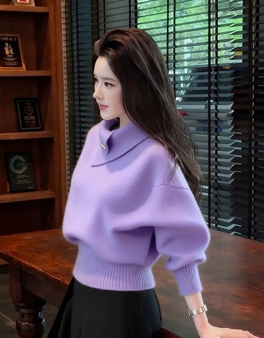 秋冬韩系淡人高知老钱风轻熟设计感软糯慵懒丁香紫高领针织衫毛衣