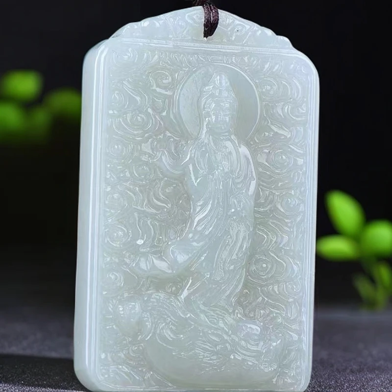 天然和田玉暖白色站观音玉佩男士佩戴双面精美雕刻玉挂件配绳子