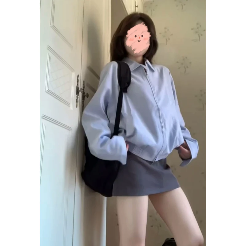 蓝色翻领长袖开衫外套女早秋新款休闲运动百搭上衣两件套+A字短裙