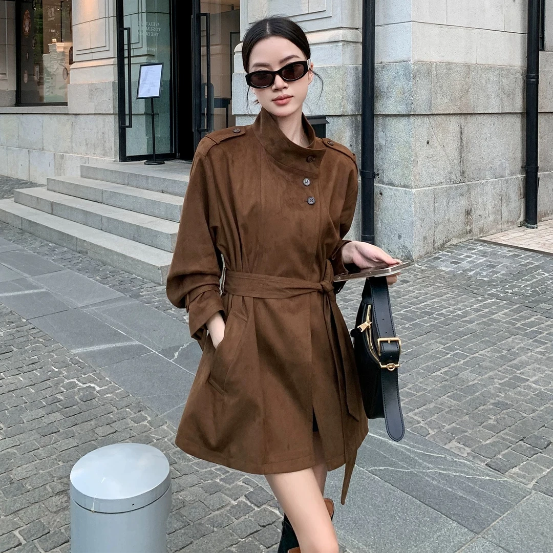 复古美拉德立领麂皮短风衣女2025秋新款修身显瘦外套上衣收腰法式