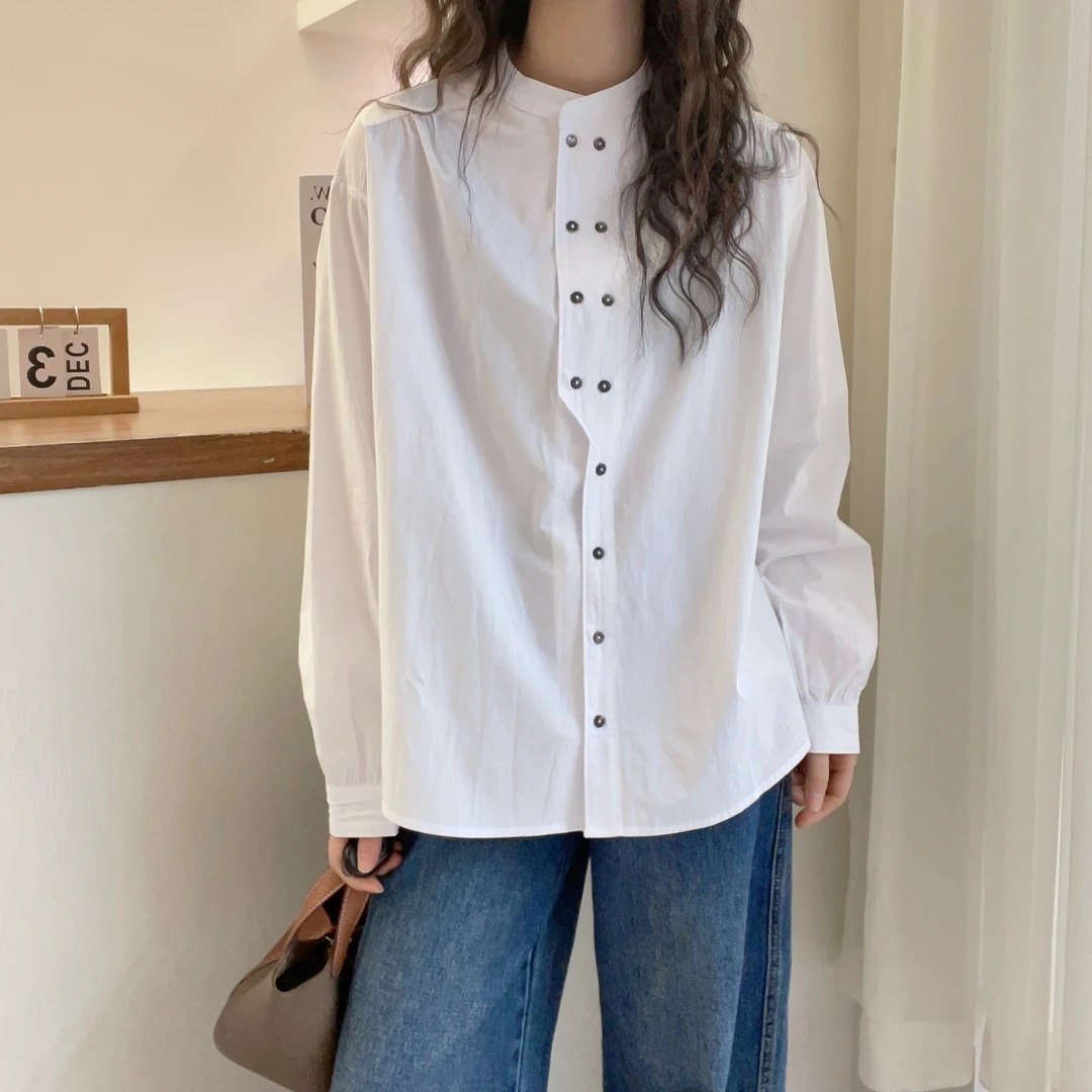 白色纯棉双排扣长袖衬衫女2025新品宽松简约休闲圆领洋气小衫