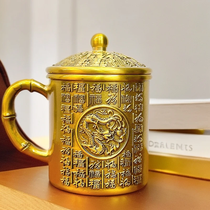 【双龙茶缸】新款黄铜双龙百福茶缸茶桌办公桌创意摆件