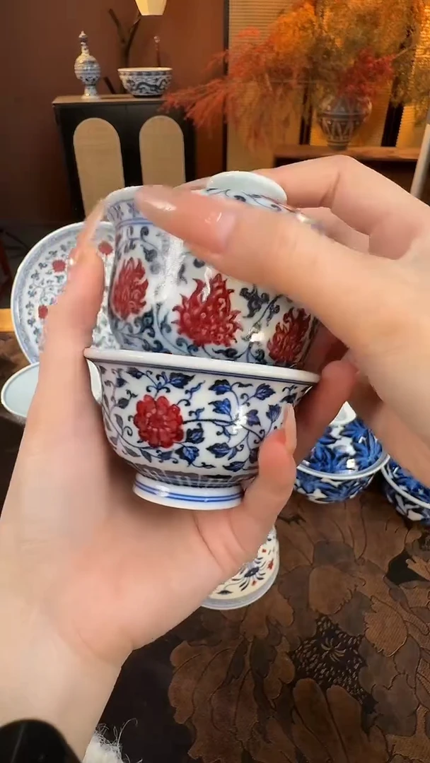 杯子陶瓷长*永明尚玩青花釉里红一套