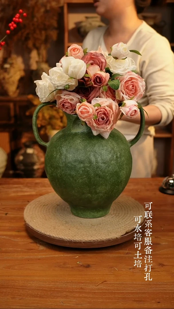 陶瓷291绿色双耳大肚瓶可水培可土培