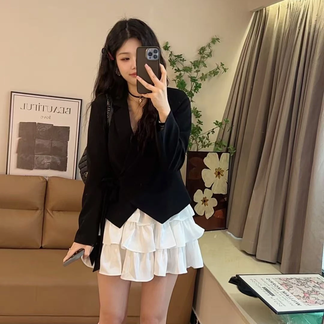 气质时尚短款西装外套蛋糕半身裙套装女2025春季新款两件套百搭