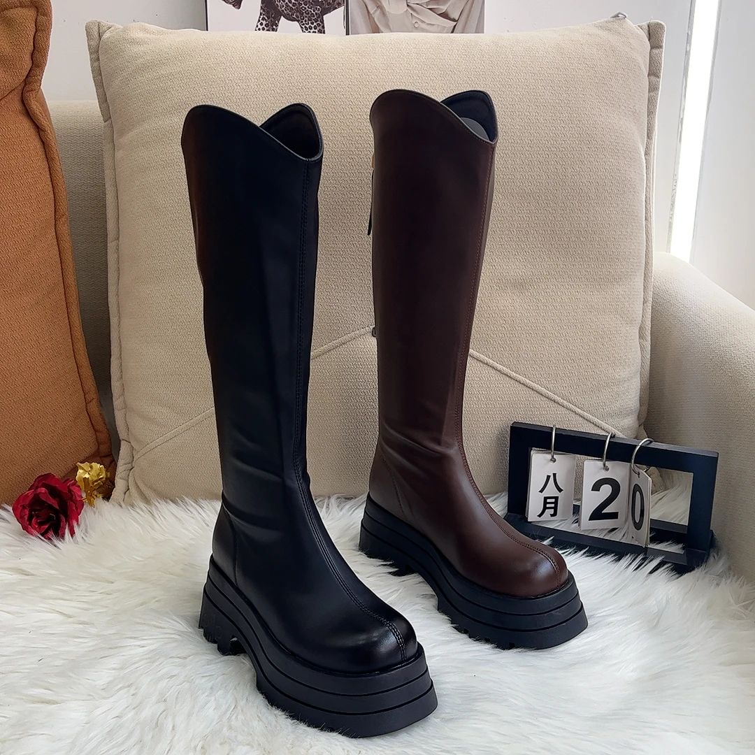 胖妹妹专属靴子高筒骑士靴女厚底增高后拉链女靴百搭高筒靴秋冬