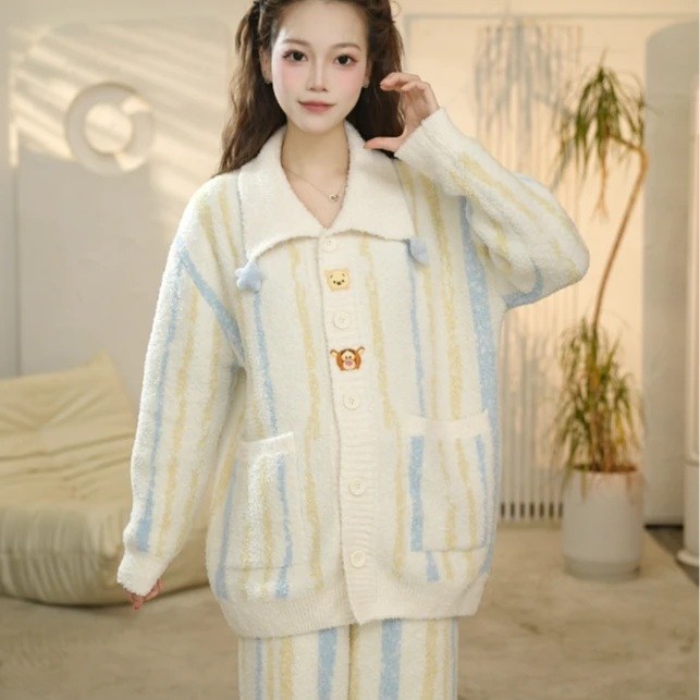 VINEEMAN【星星条纹】秋冬卡通维尼熊针织半边绒睡衣女加厚家居服C