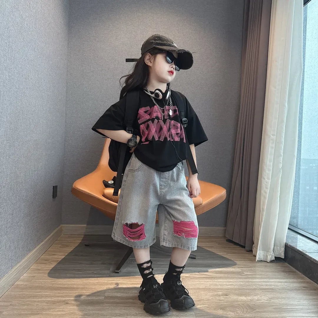 男女童夏季潮酷休闲风破洞牛仔中裤中大童百搭宽松短袖T恤衫潮