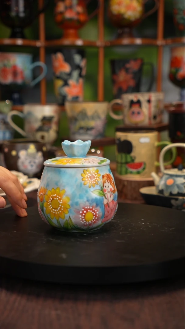釉下手绘陶瓷盖杯