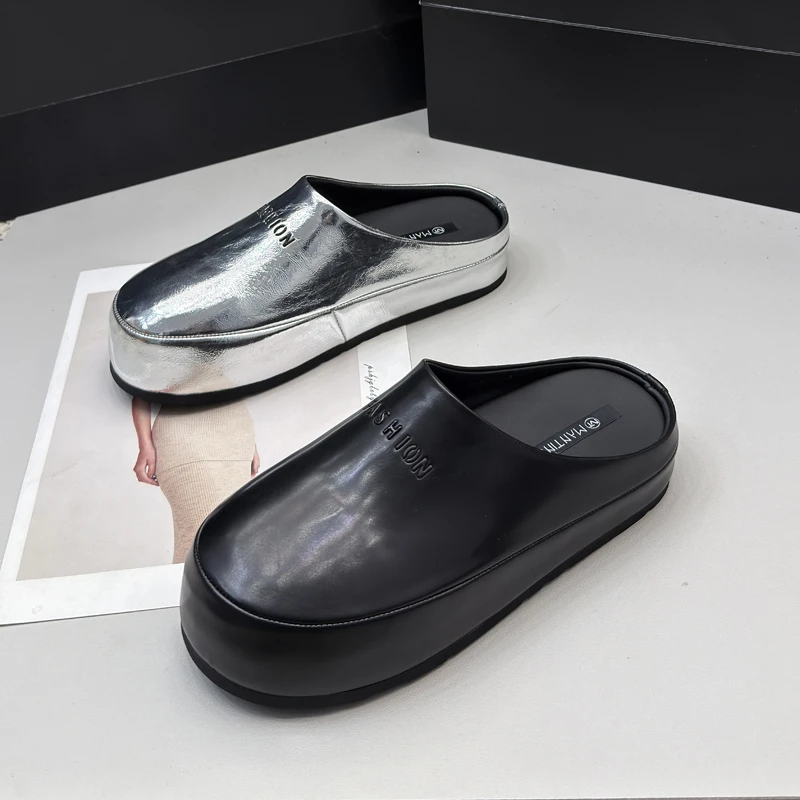 5003-12凉拖女2025新款真皮包头松糕厚底休闲外穿时尚半拖鞋