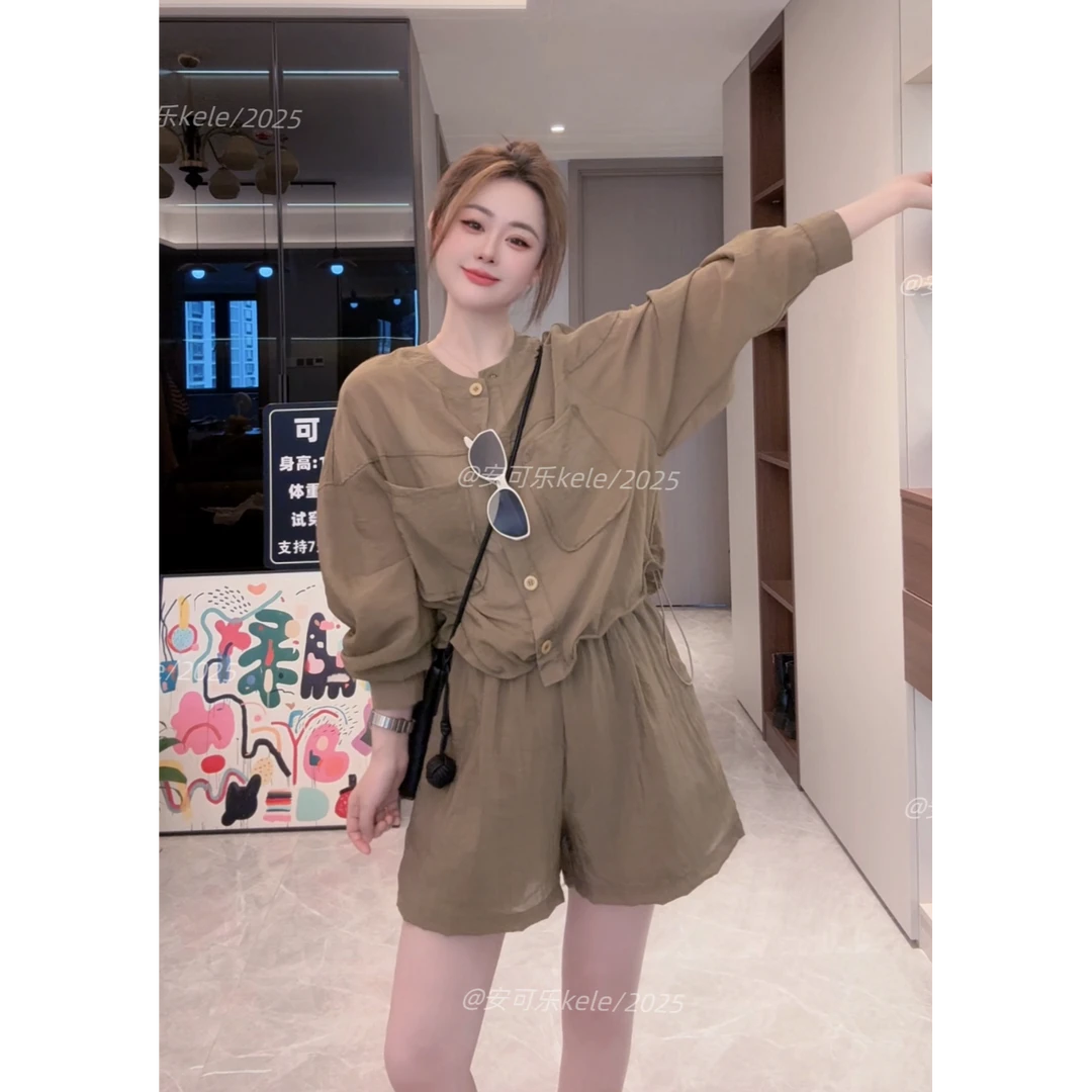 【安可乐】夏季新款宽松长袖防晒衫短裤套装女棉麻抽绳显瘦两件套