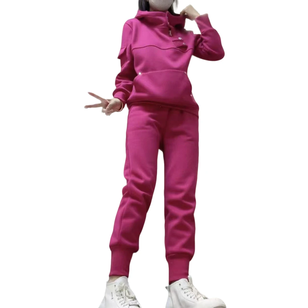 1629新款加绒斜扣连帽休闲运动套装上衣+裤子百搭百搭显瘦宽松