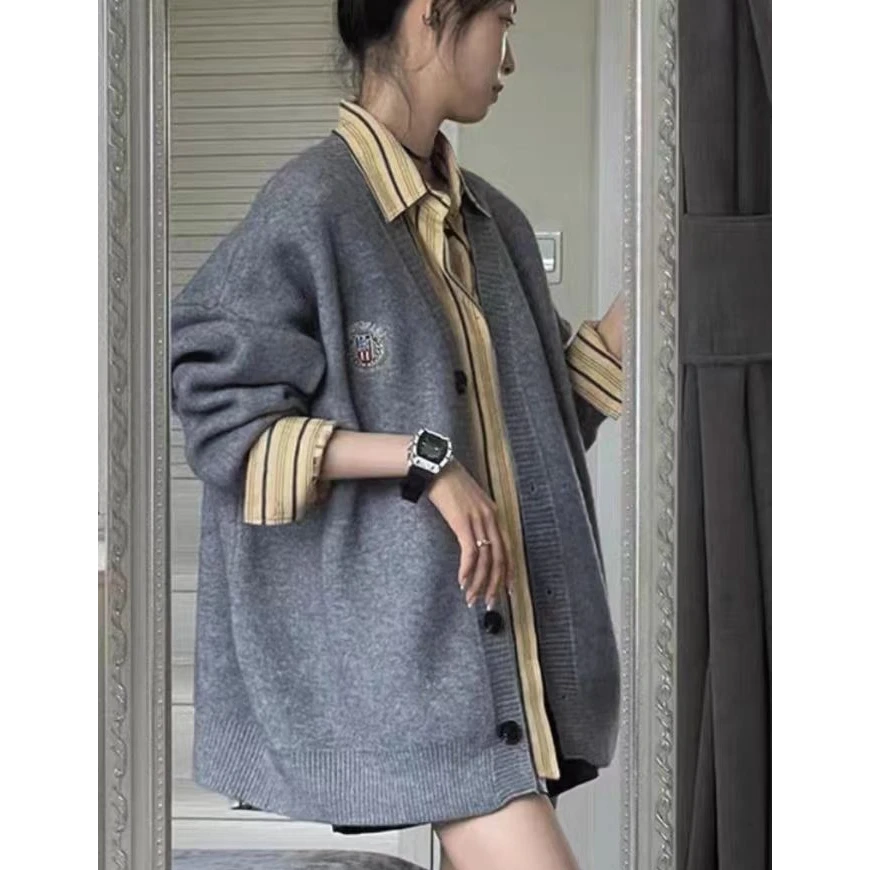灰色V领针织开衫外套女慵懒风韩系宽松外搭秋冬款中长款气质毛衣