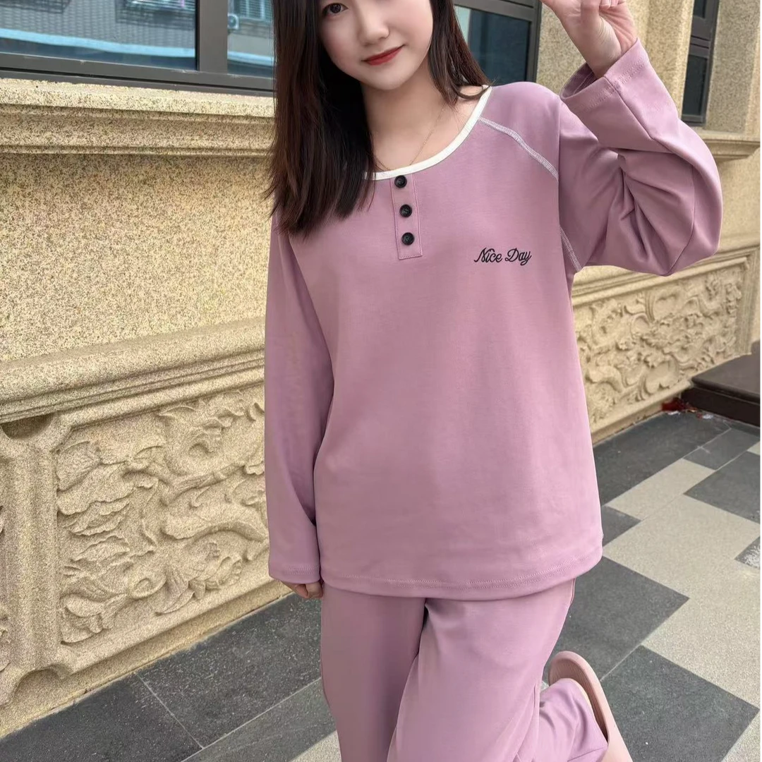 春秋款女士圆领套头长袖长裤家居服睡衣女套装休闲香芋紫