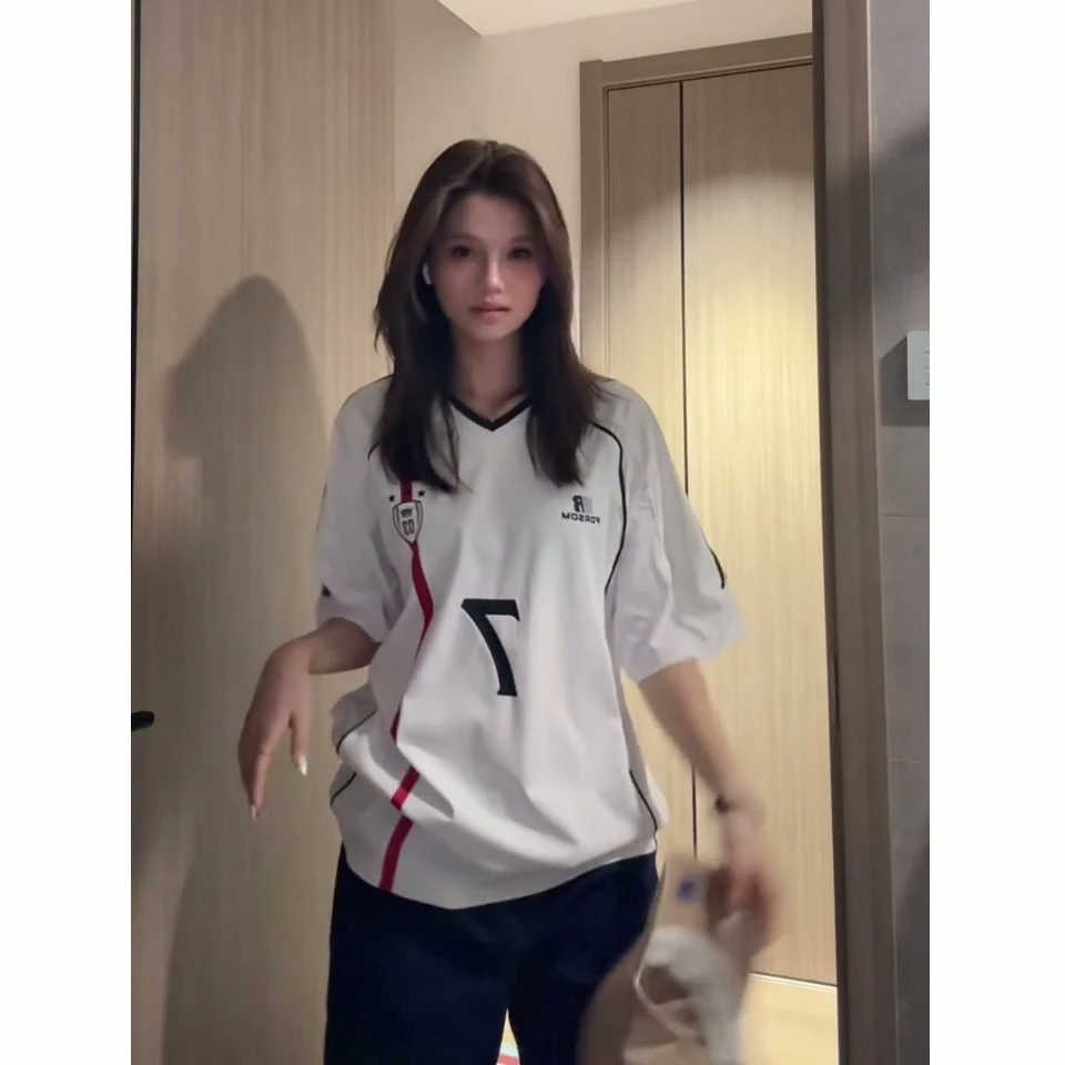 美式复古V领微透球衣半袖防晒弹力运动上衣夏季凉感通勤T恤设计感