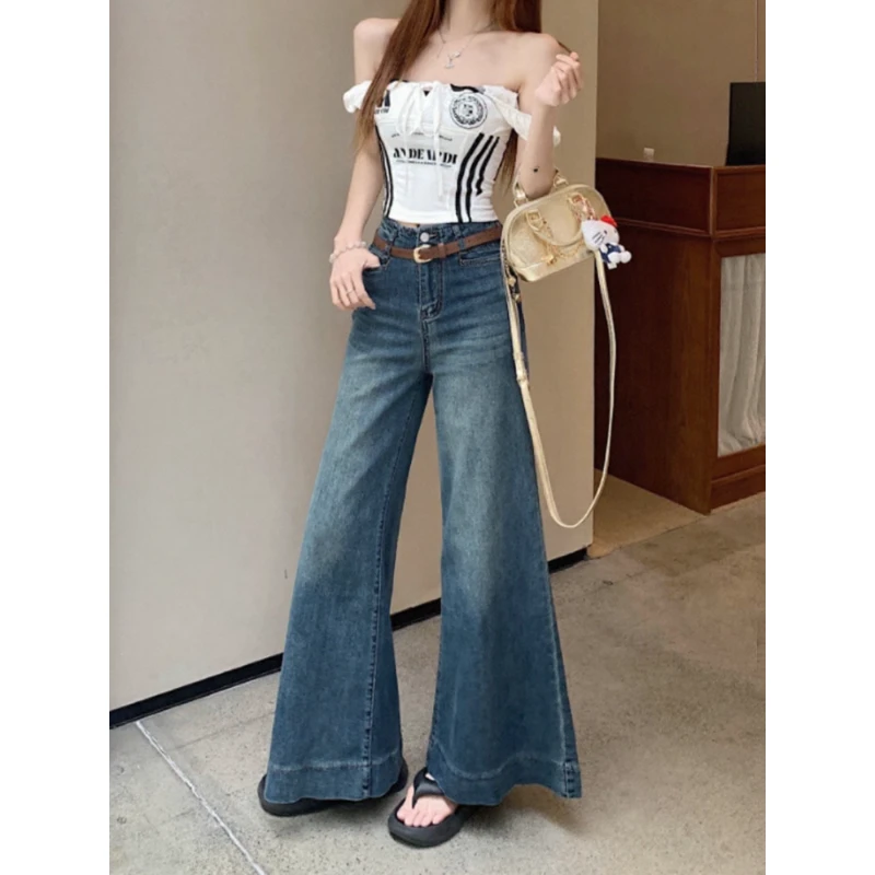 复古流光风喇叭牛仔裤女弹力高腰显瘦大码胖mm秋季上新宽松拖地裤