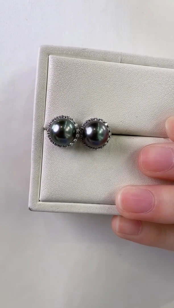 【闪购商品】海水珍珠耳饰银S925镶嵌9-10大溪地黑珍珠耳饰