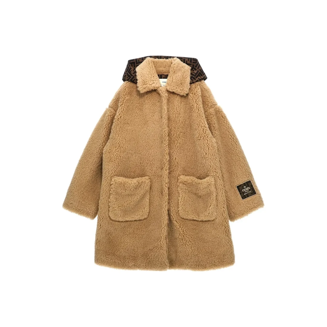 FENDI芬迪大衣 童装 徽标贴片连帽宽松单排扣长袖 棕色 儿童款 ZC