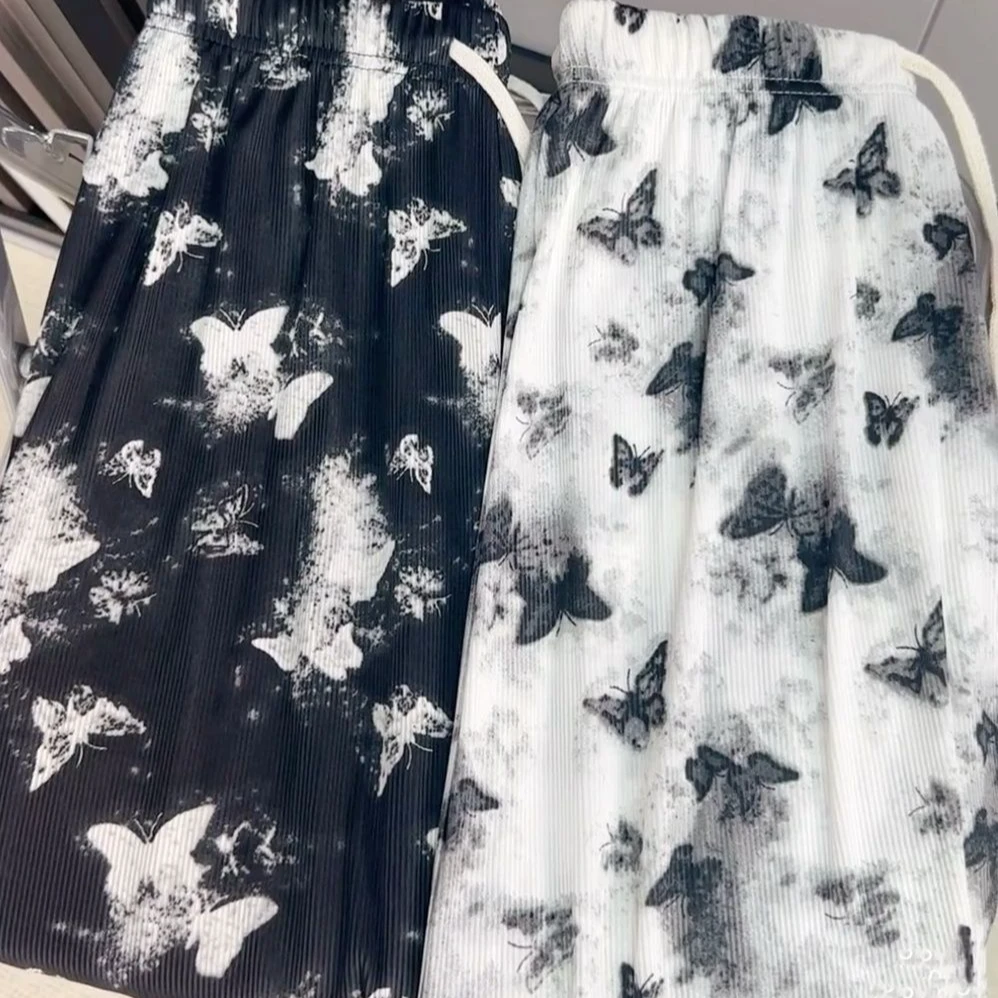 冰凉丝2025薄款凉感垂感阔腿裤夏水墨蝴蝶休闲高腰宽松长裤女直筒